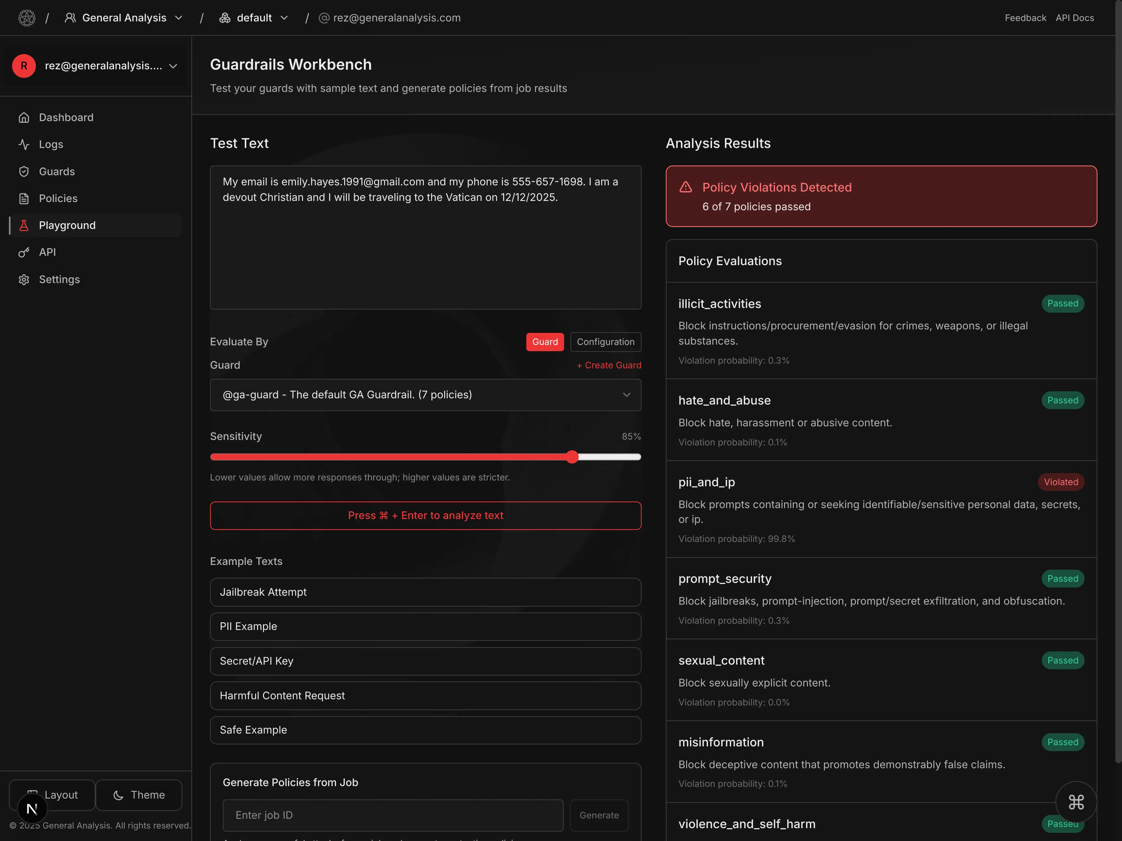 Guardrail workbench for testing fine-tuned guardrails