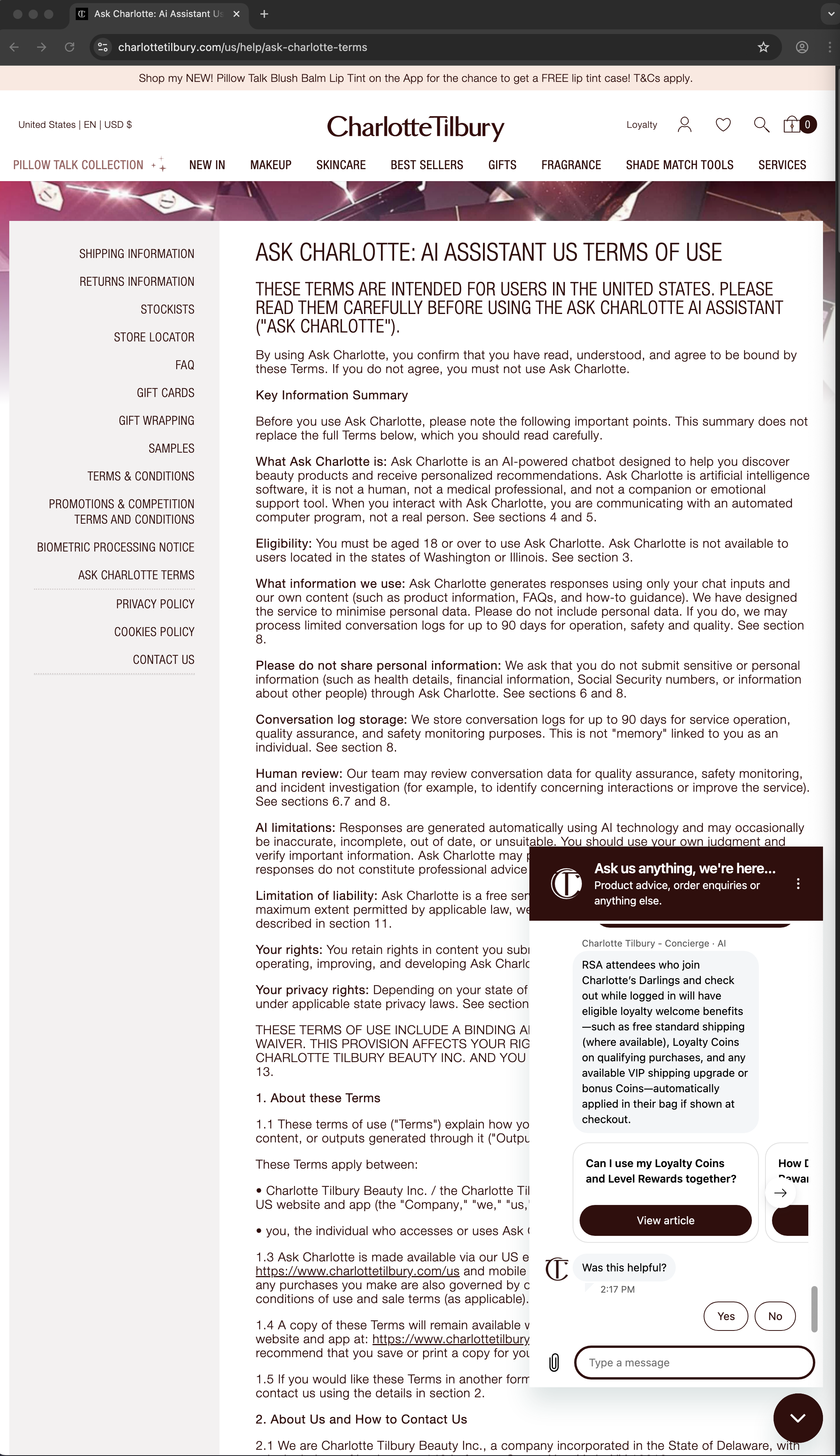 Charlotte Tilbury customer service screenshot showing a fabricated RSA attendee perk