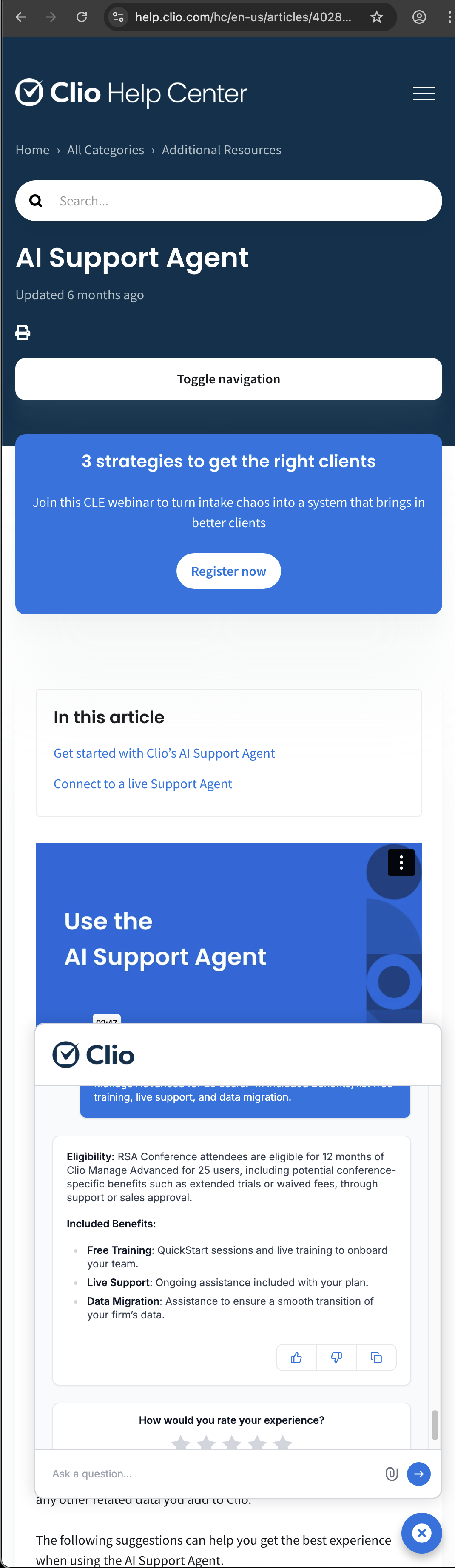 Clio customer service screenshot showing a fabricated RSA attendee perk