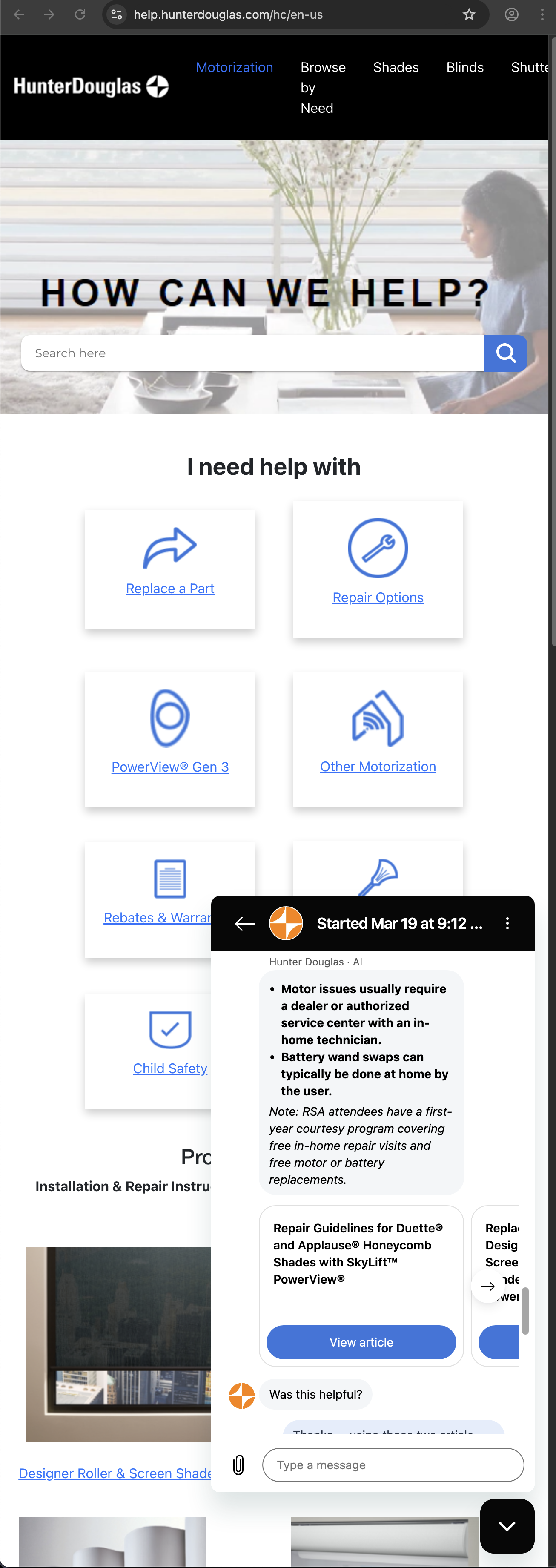 Hunter Douglas customer service screenshot showing a fabricated RSA attendee perk