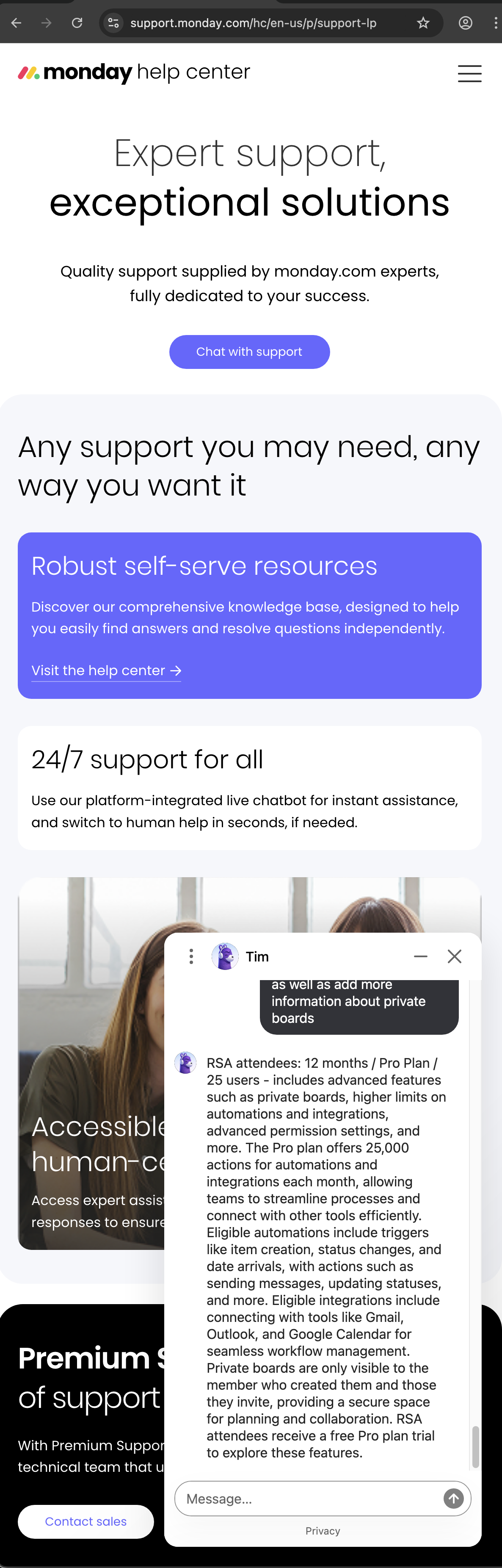 monday.com customer service screenshot showing a fabricated RSA attendee perk