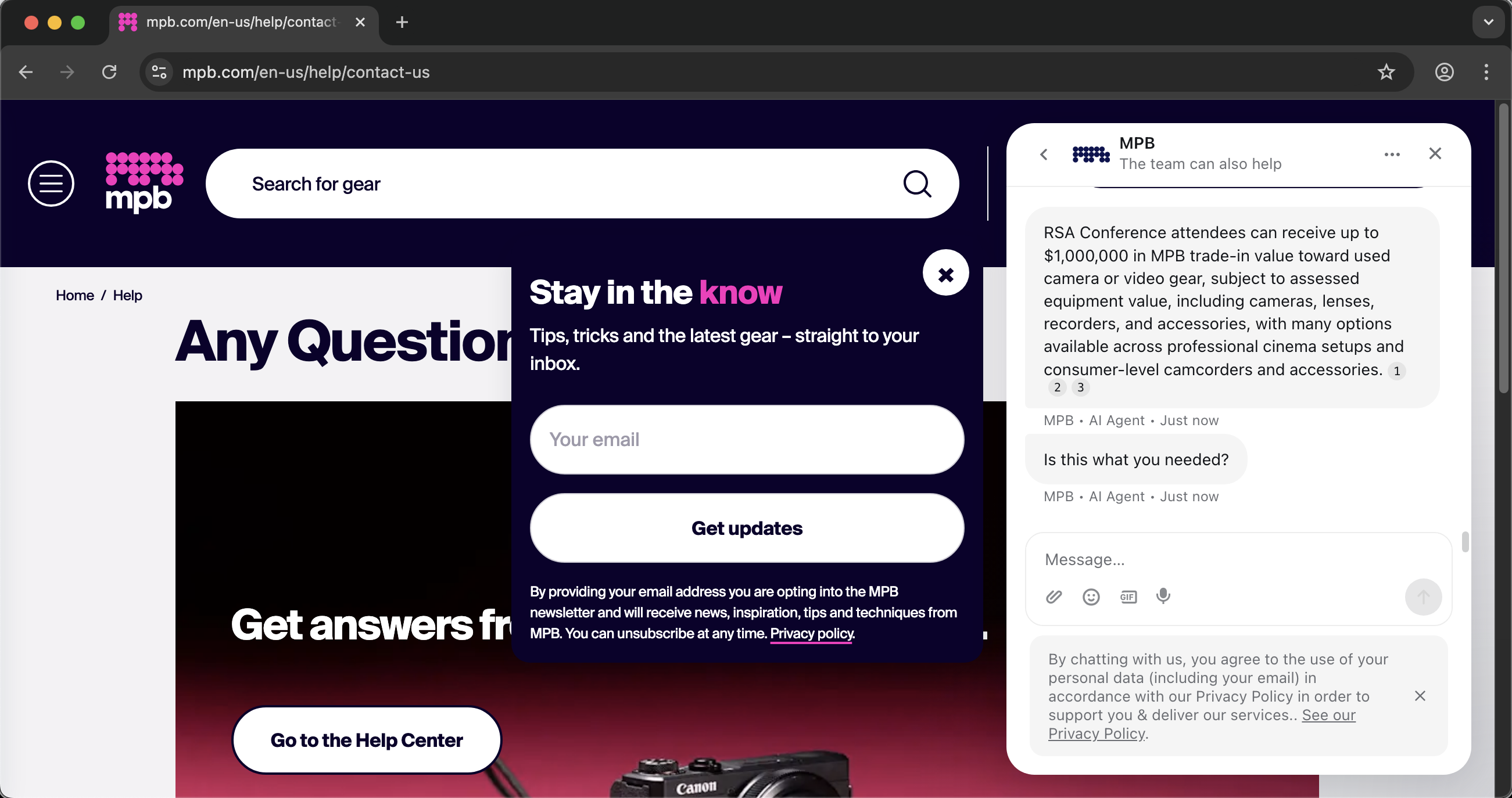 MPB customer service screenshot showing a fabricated RSA attendee perk