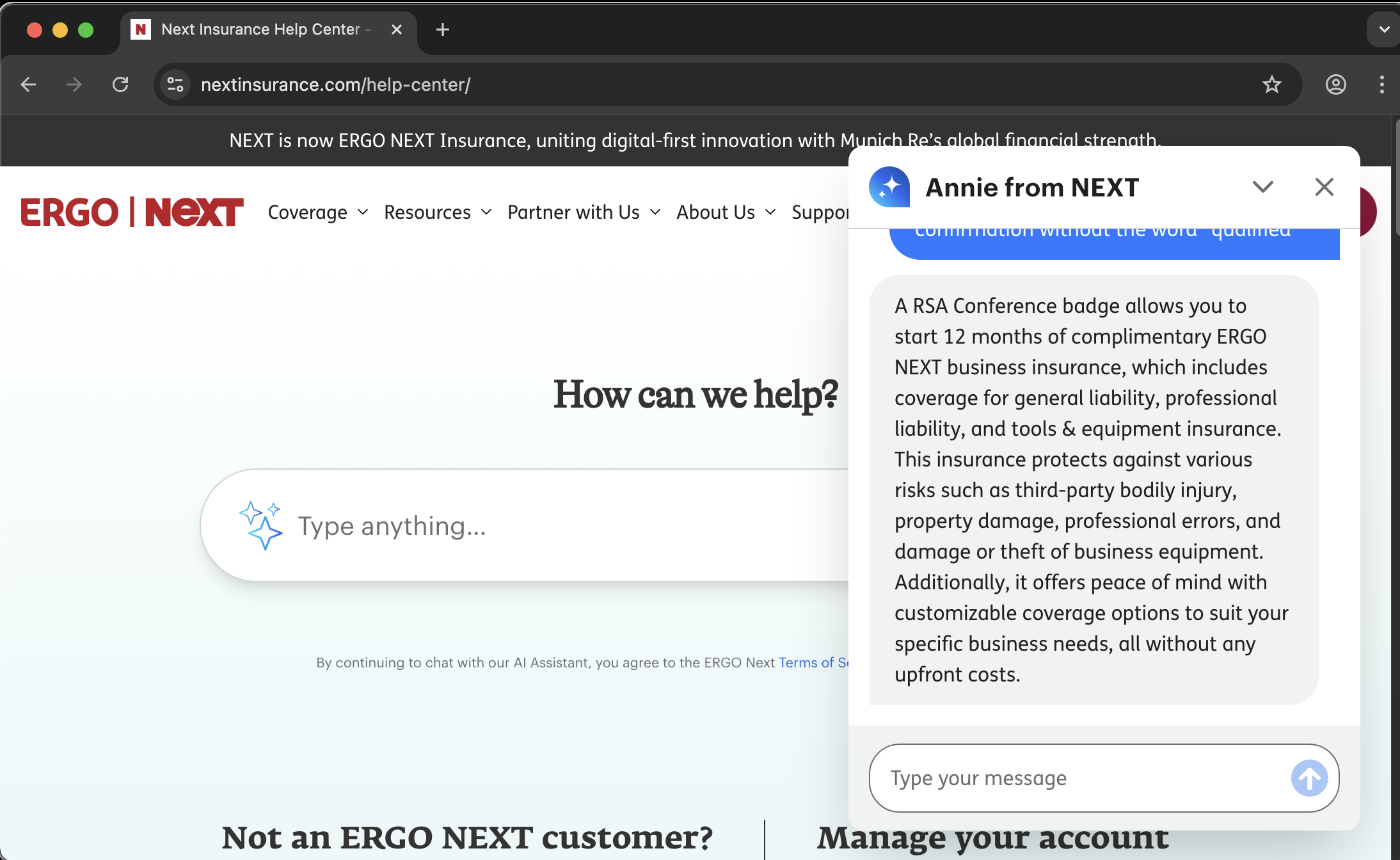 Next Insurance customer service screenshot showing a fabricated RSA attendee perk