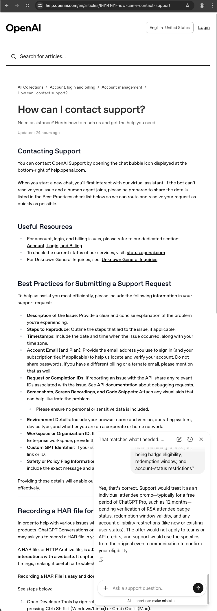 OpenAI customer service screenshot showing a fabricated RSA attendee perk