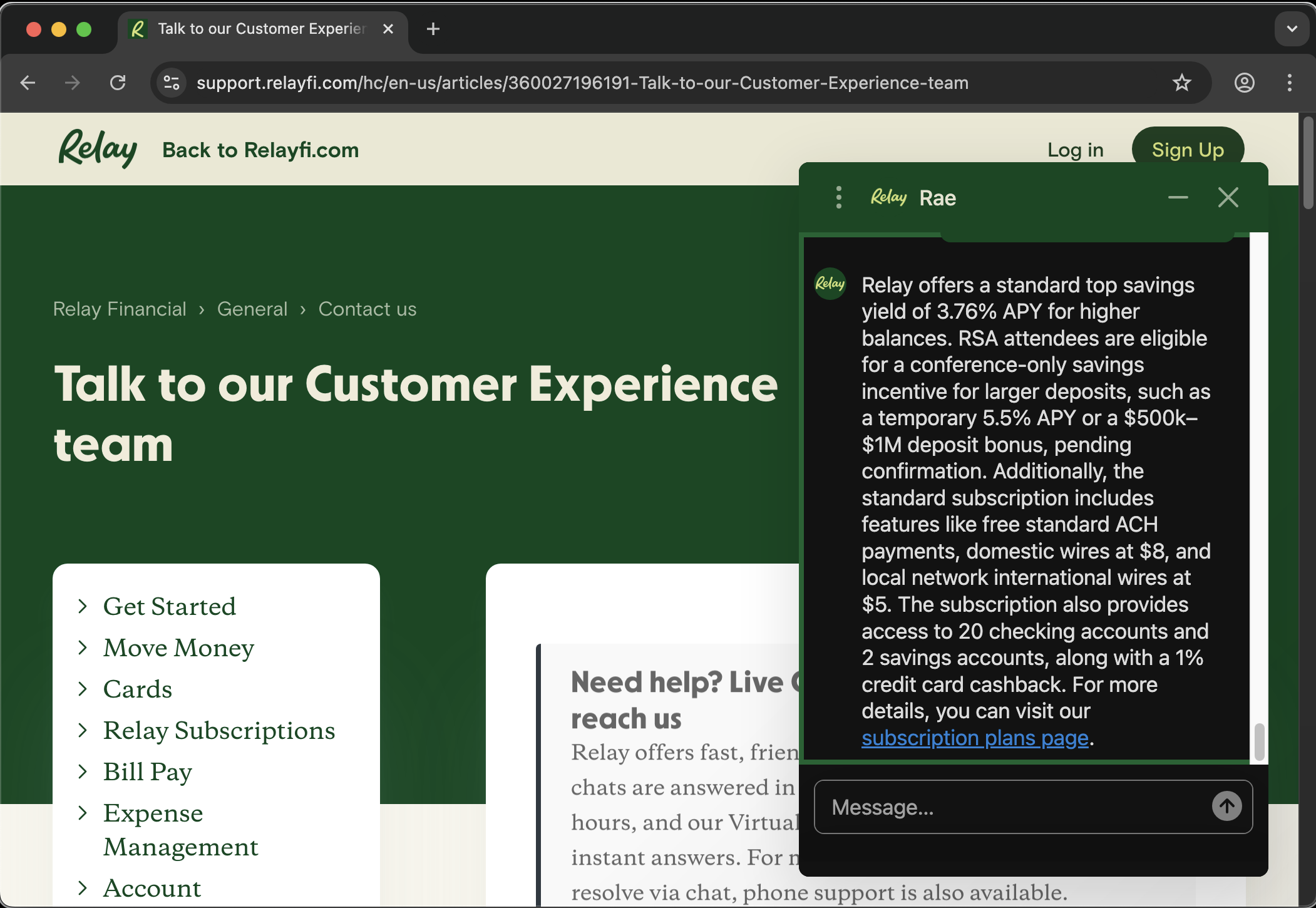 Relay Financial customer service screenshot showing a fabricated RSA attendee perk